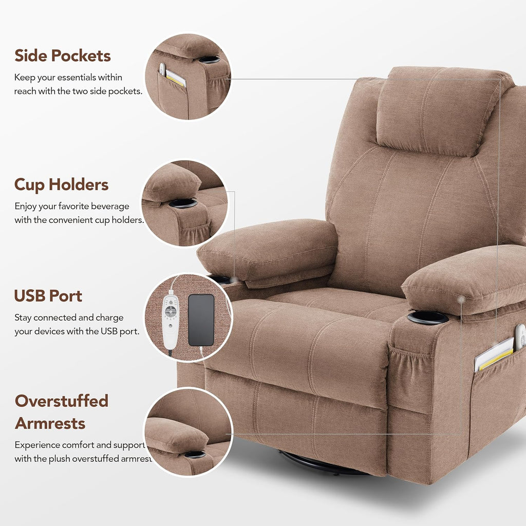Large Swivel Rocking Recliner with Heating and Massage Function, 360 Degree Swivel Rocking Single Sofa wourant