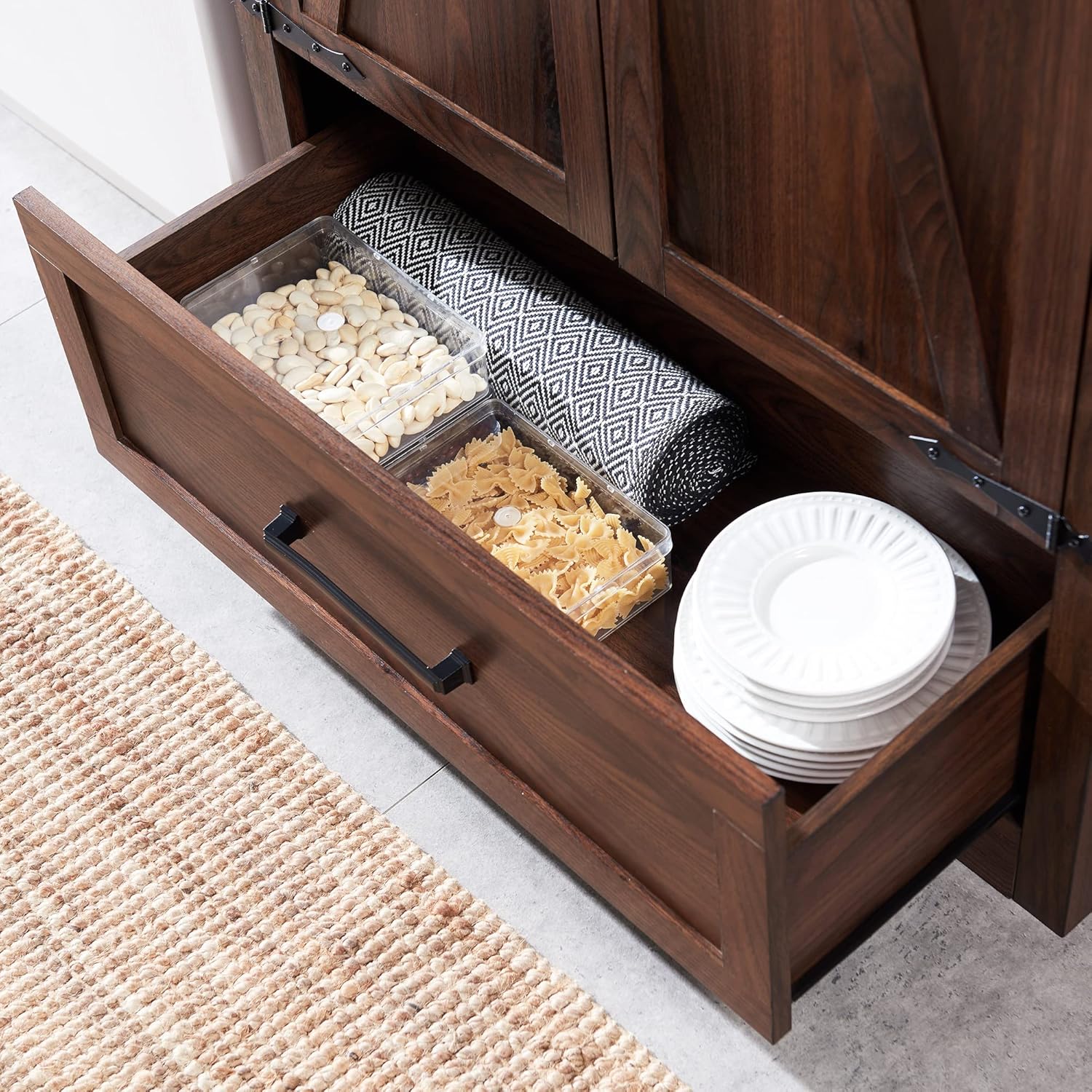 JXQTLINGMU Farmhouse Kitchen Pantry - 72" Tall Wood Kitchen Storage Cabinet with Adjustable Shelves and 2 Barn-Style Doors and Drawers wourant