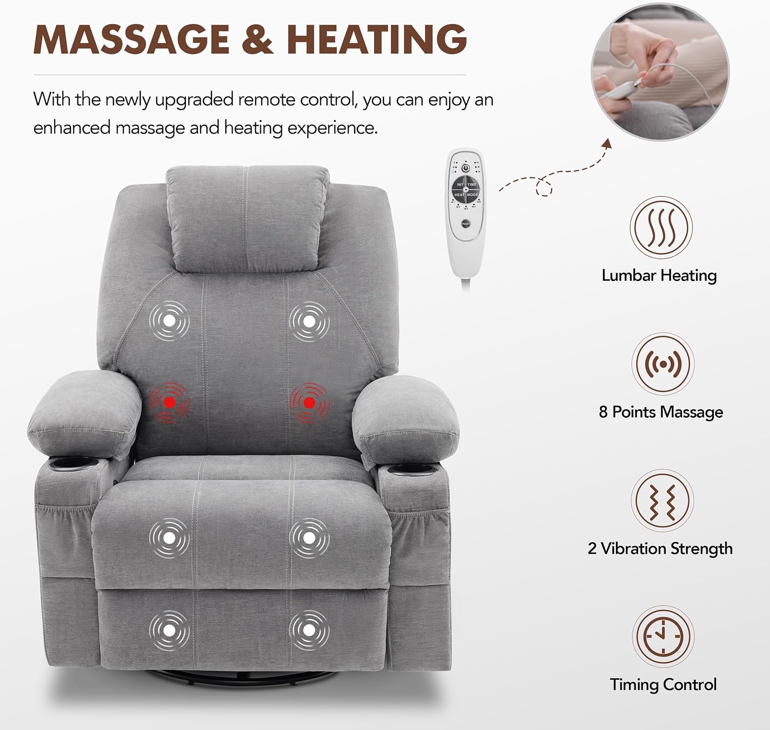 Large Swivel Rocking Recliner with Heating and Massage Function, 360 Degree Swivel Rocking Single Sofa wourant