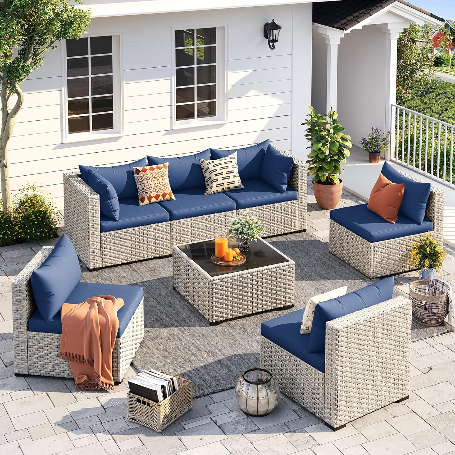 UDPATIO Outdoor Patio Furniture Set, 7-Piece PE Wicker Sectional Sofa with Tea Table, Outdoor Conversation Set wourant