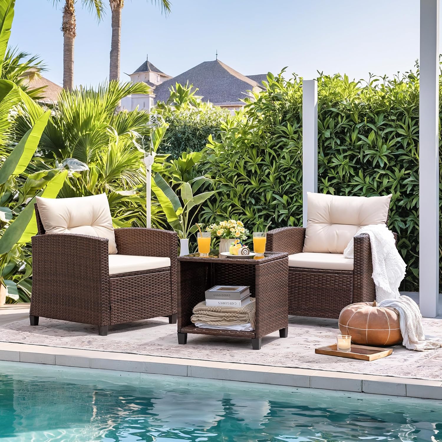 Devoko 3 Pieces Patio Furniture Set, PE Rattan Wicker Patio Set with Two Outdoor Chairs and Table, Upgraded Patio Chairs and Table for Porch, Garden Poolside Balcony woonhhop