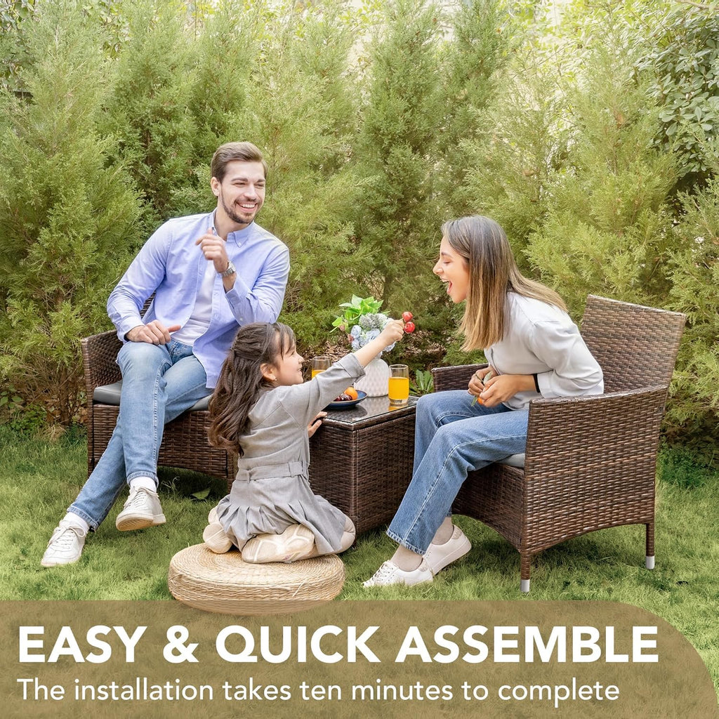 Devoko Patio Porch Furniture Sets 3 Pieces PE Rattan Wicker Chairs with Table Outdoor Garden Furniture Sets (Brown/Beige) wourant