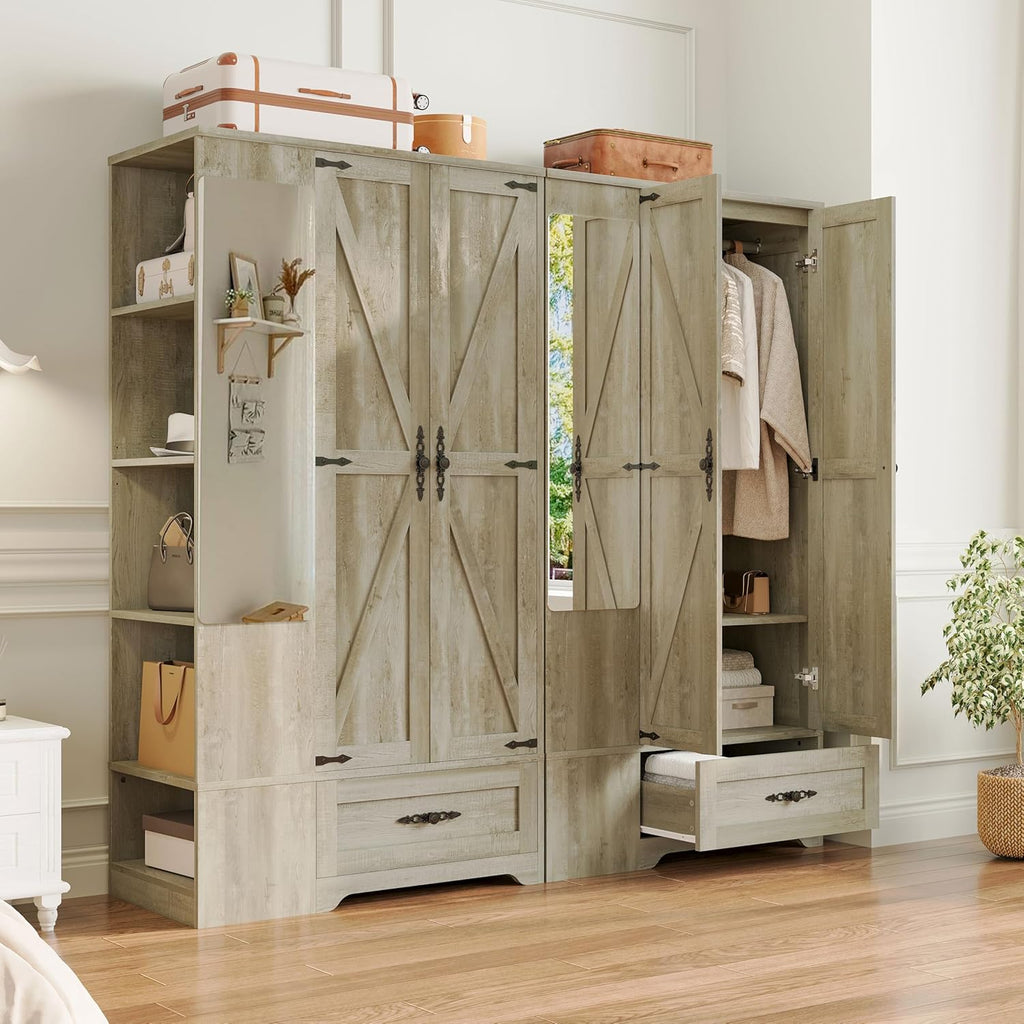 ANCTOR Armoire Wardrobe Closet with Mirror, 70" H Wooden Bedroom Armoires and Wardrobes wourant