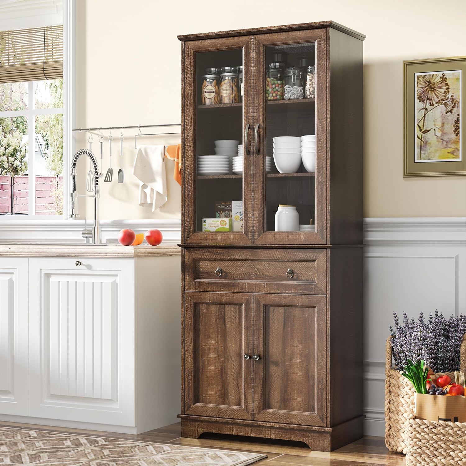 Kitchen Hutch Pantry Cabinet 71" Tall with Glass Doors wourant