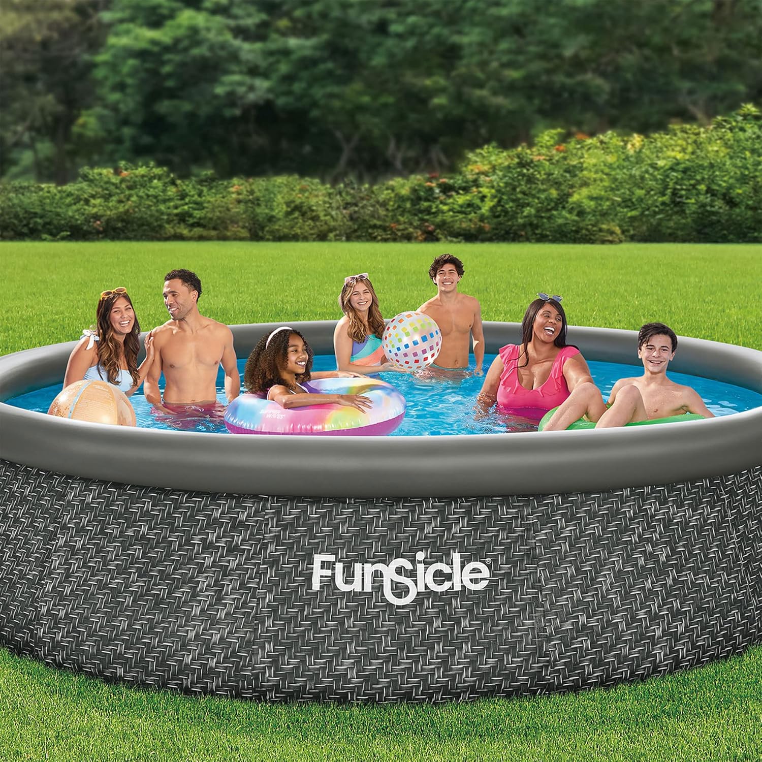 Funsicle 12 Foot by 36 Inch Quickset Round Inflatable Ring Top Outdoor Above Ground Swimming Pool Set with Pump and Cartridge Filter, Dark Herringbone wourant