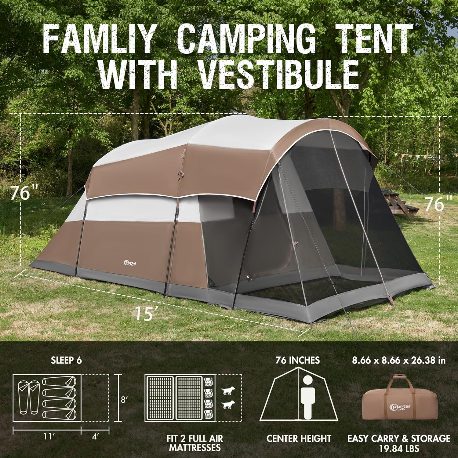 PORTAL 6/8/10 Person Family Camping Tent with Screen Room, Water Resistant Big Tunnel Tent with Rainfly, Large Family Tent for Outdoor Camping, Party wourant