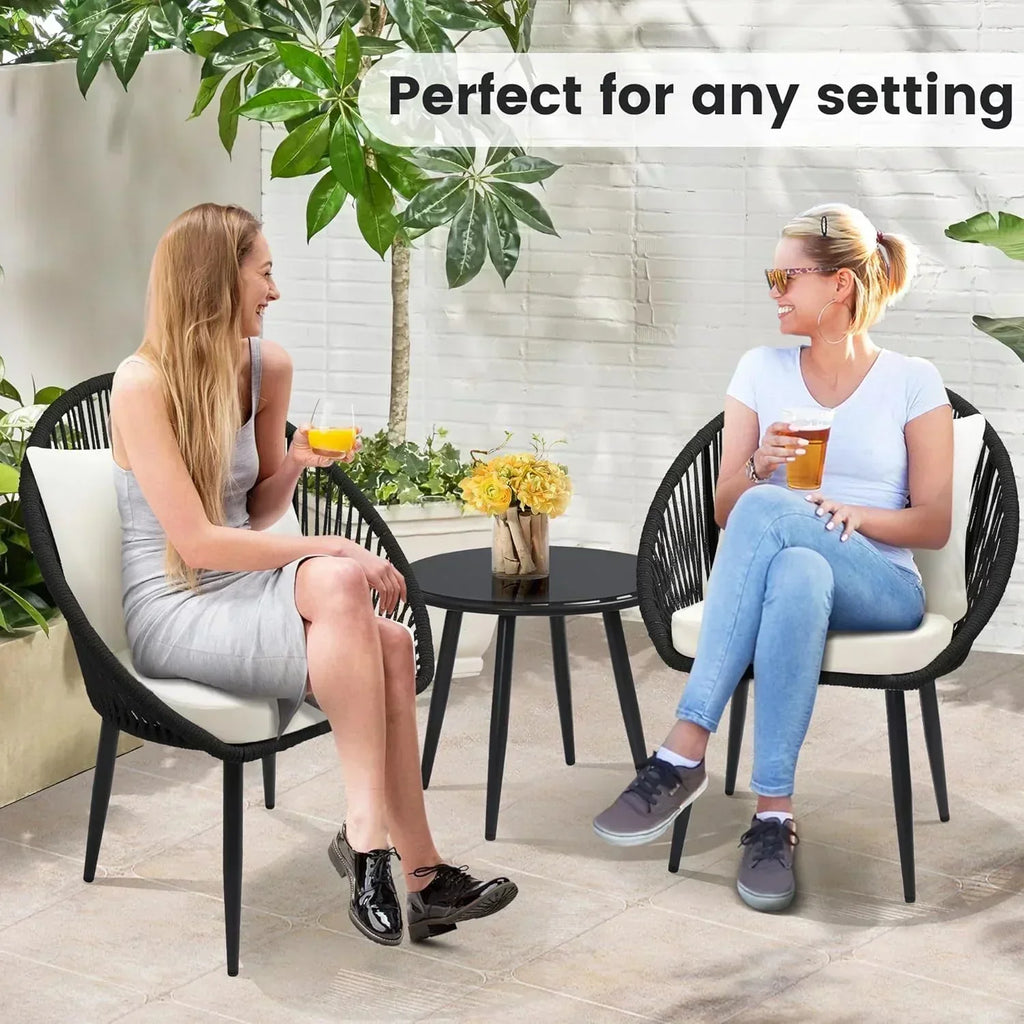 3 Piece Bistro Set Woven Rope Chair with Cushions All Weather Patio Conversation Set Side Table wourant