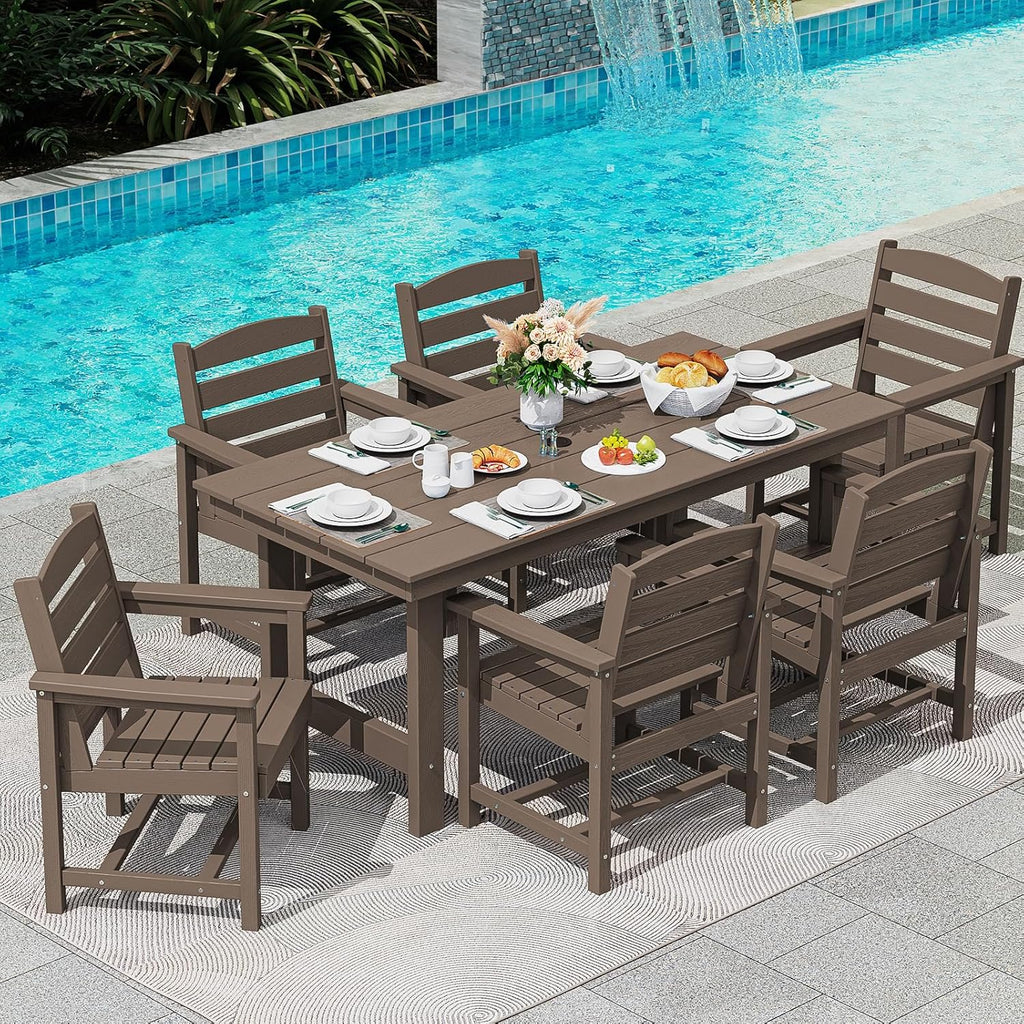 Outdoor HDPE Dining Table Set, 7-Piece Outdoor Dining Table Sets with Umbrella Hole Cut-Out Table and 6 Chairs wourant