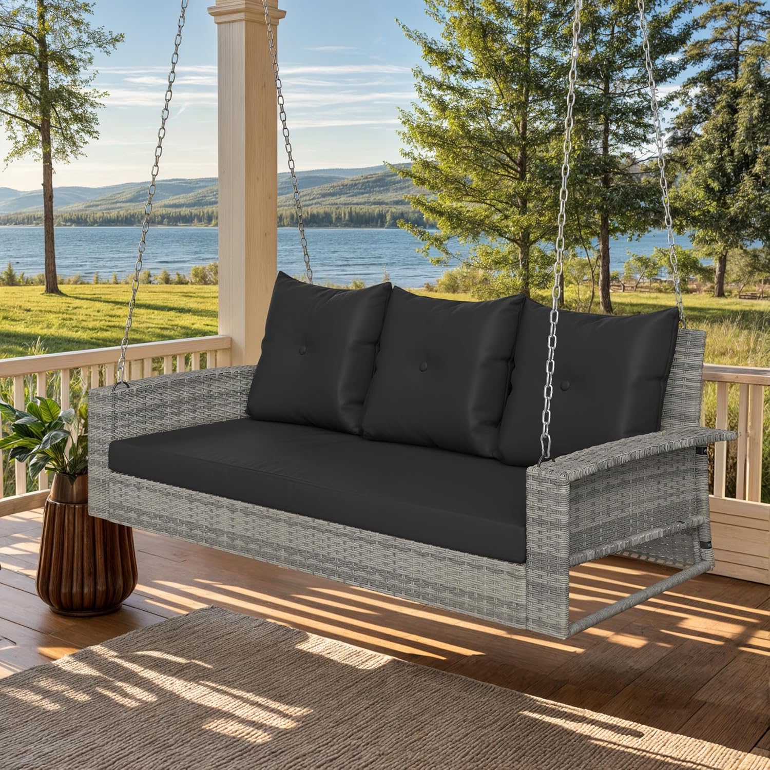 YITAHOME Hanging Porch Swing Chair Sits 3 People, Wicker Outdoor Swing Bench, Patio Lounge Chair, 1 Seating Cushion and 3 Back Cushions, w/Removable Covers, for Garden, Balcony, Backyard, Brown wourant
