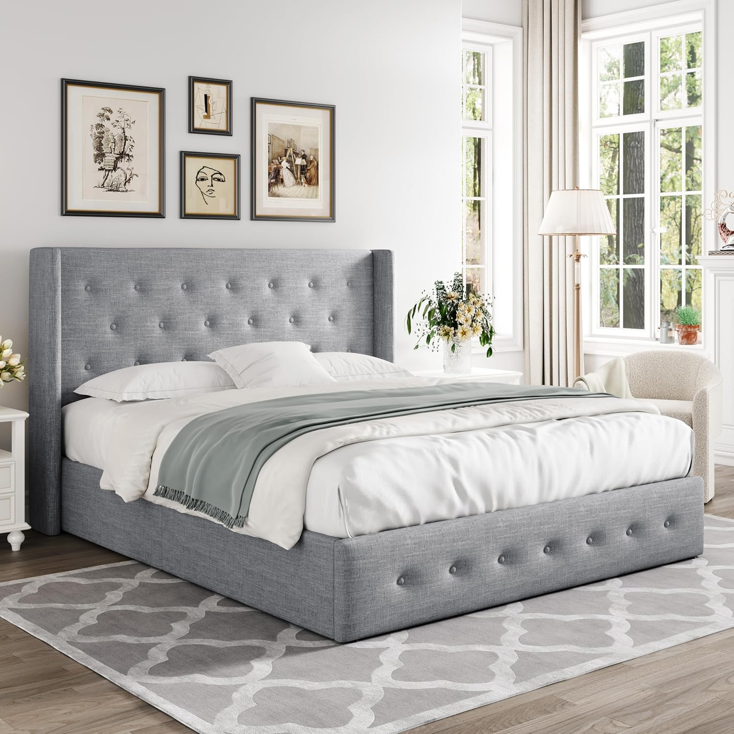Allewie Queen Size Lift Up Storage Bed Modern Wingback Headboard Hydraulic Support wourant