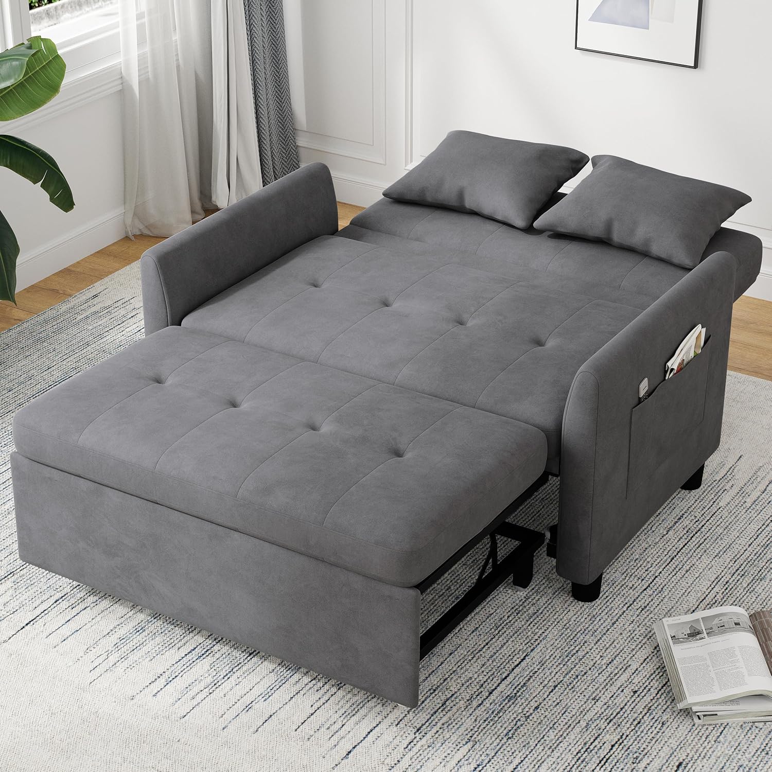 Sleeper Sofa Bed, 3 in 1 Convertible Sleeper Couch Bed Pull Out, Small Loveseat Sofa, Futon Sofa Bed Full Size, 46" Velvet Love Seat wourant