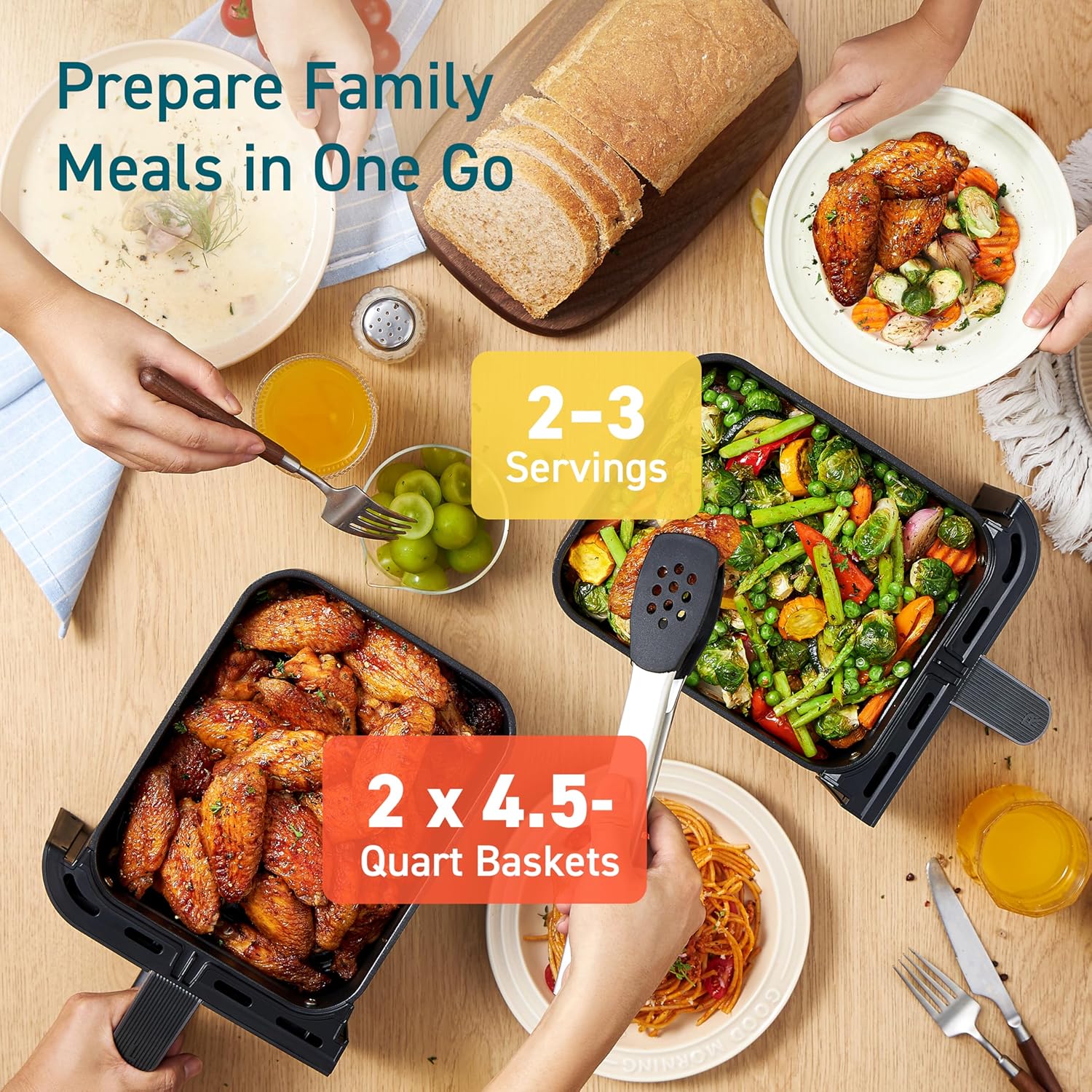 COSORI 9Qt 10-in-1 Dual Air Fryer Fresh Balanced Meals for Family Children Double Baskets wourant