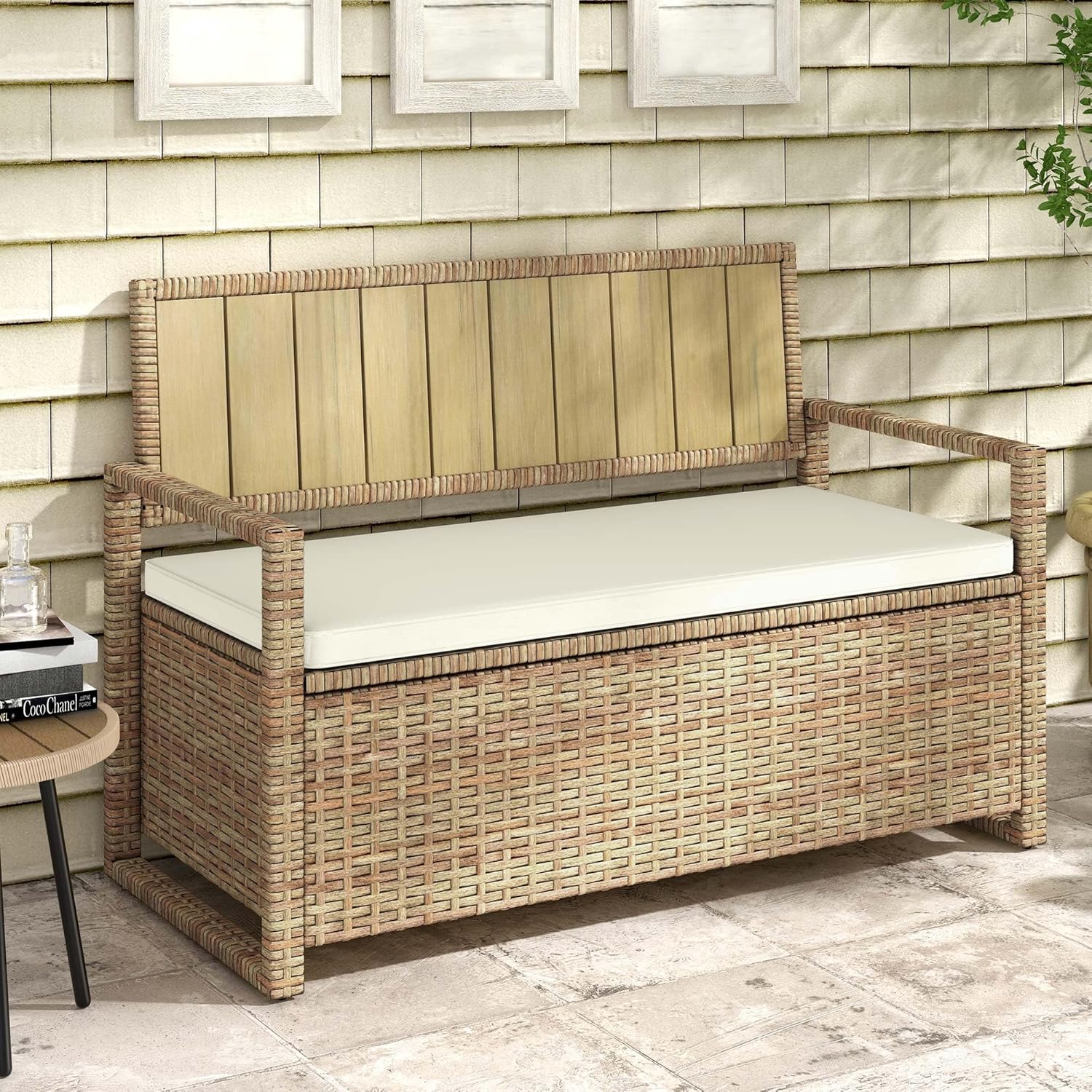 DWVO 70Gal Outdoor Storage Bench with Cushion & Composite Wood Backrest, All-Weather Wicker Deck Bench with Rustproof Bag, Poolside, Patio, Garden (Sand Beige) wourant