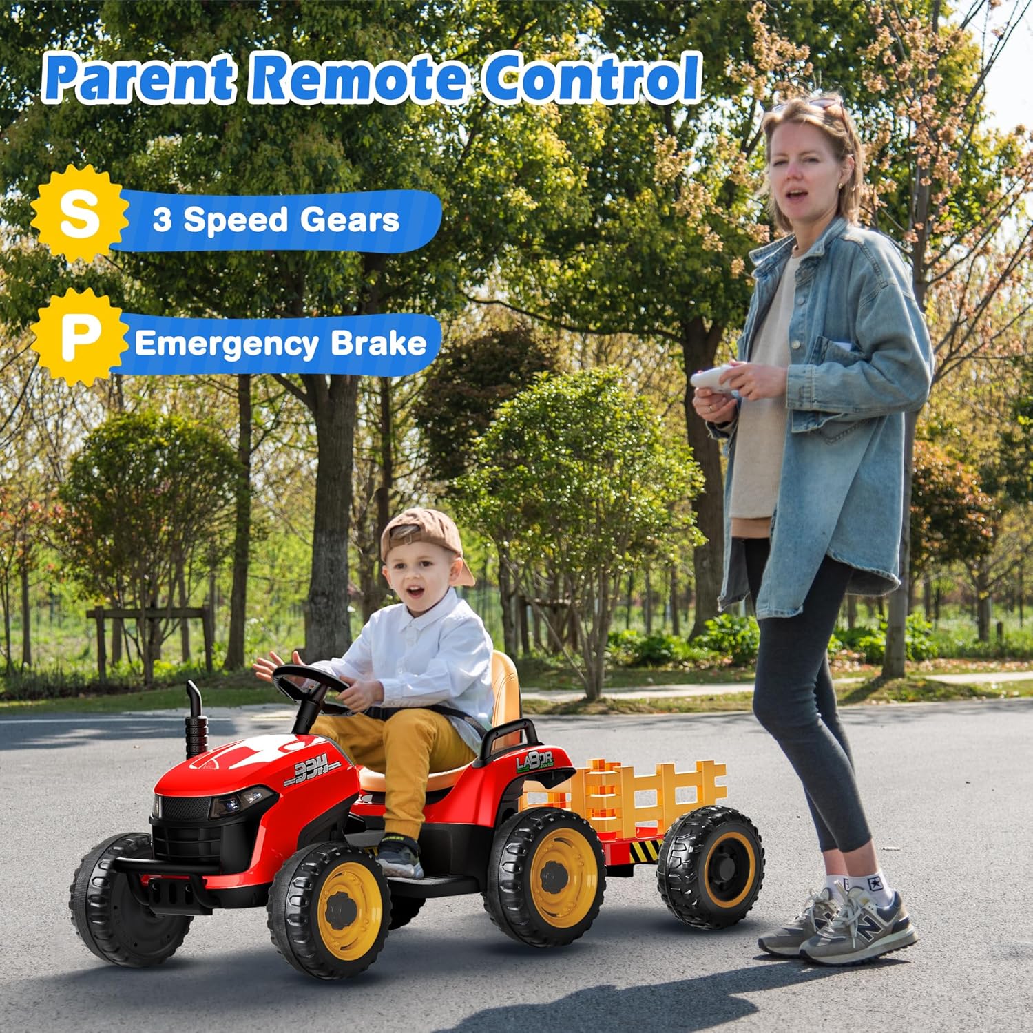 24V Ride On Tractor w/Tiltable & Detachable Trailer, 2x65W Motors, EVA Tires, Remote Control, Bluetooth, Shifter, Music, Electric Car for Kids, Green wourant
