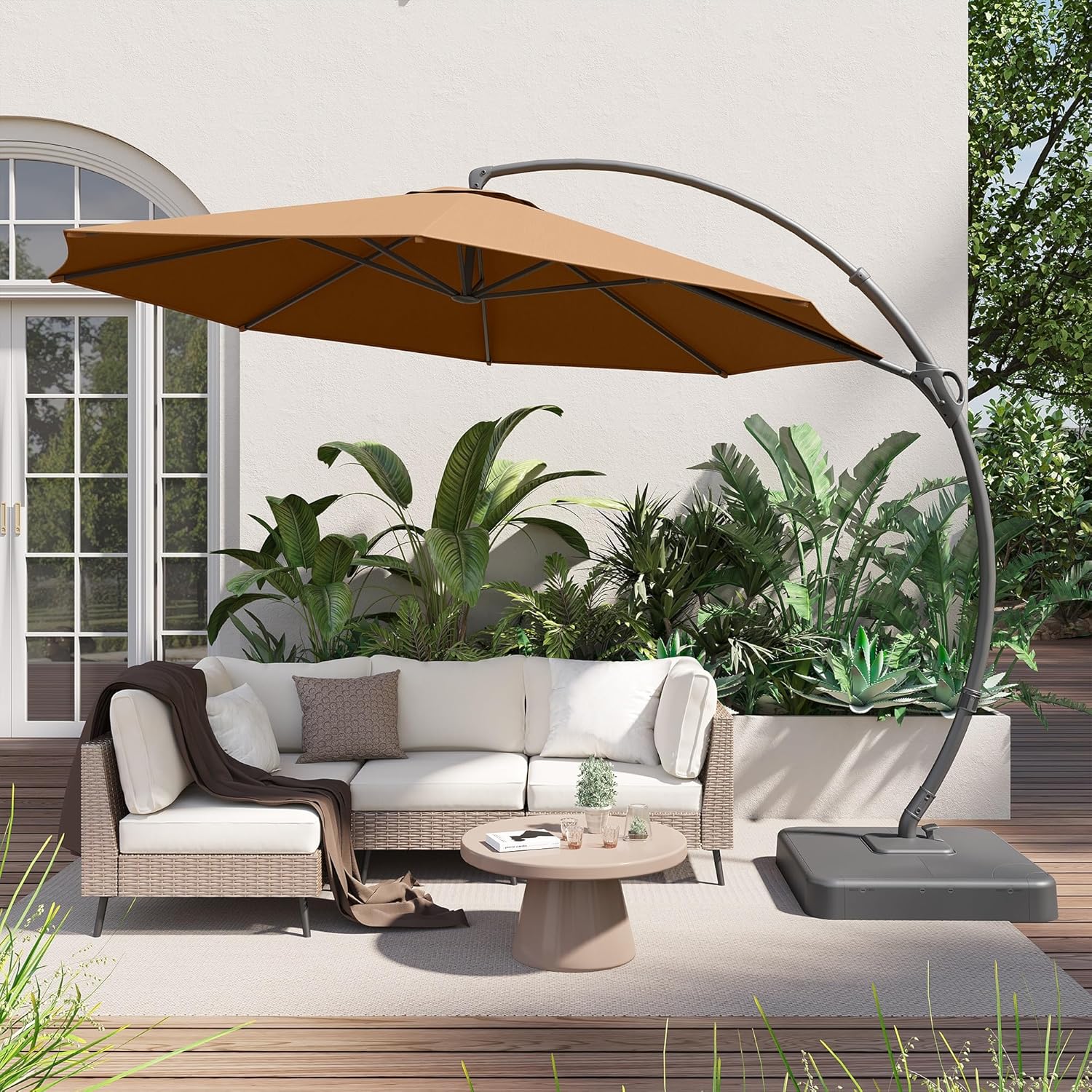 LAUSAINT HOME Outdoor Patio Umbrella with Base included, 11 FT Deluxe Curvy Cantilever Umbrella Heavy Duty Offset Hanging Umbrella with 360° Rotation for Market, Pool, Garden, Backyard, Deck (Beige) wourant