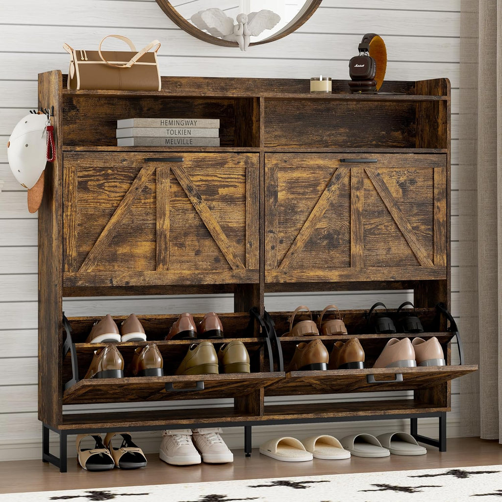 Shoe Cabinet with 2 Flip Drawers Narrow Shoe Storage Cabinet Organizer Wooden Freestanding Rack wourant
