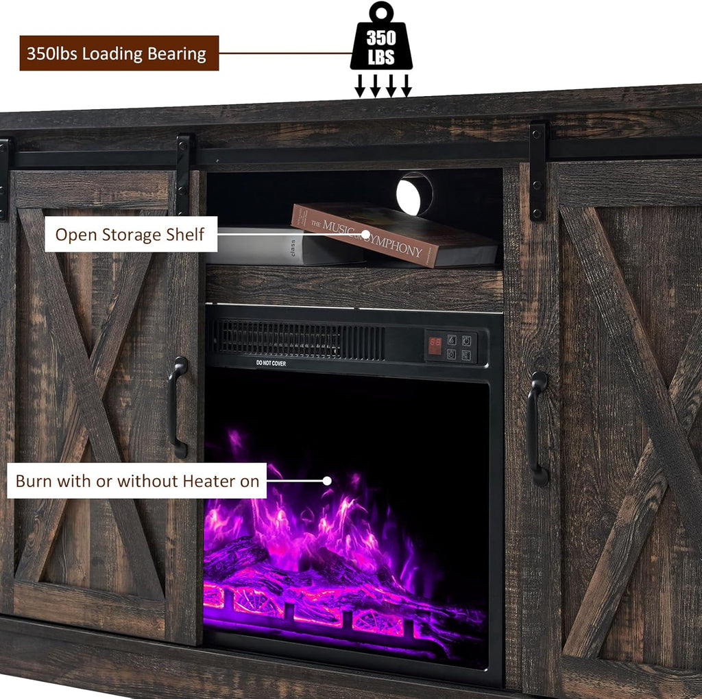 AMERLIFE Fireplace TV Stand with Sliding Barn Door  Farmhouse 63" Fireplace Entertainment Center wourant