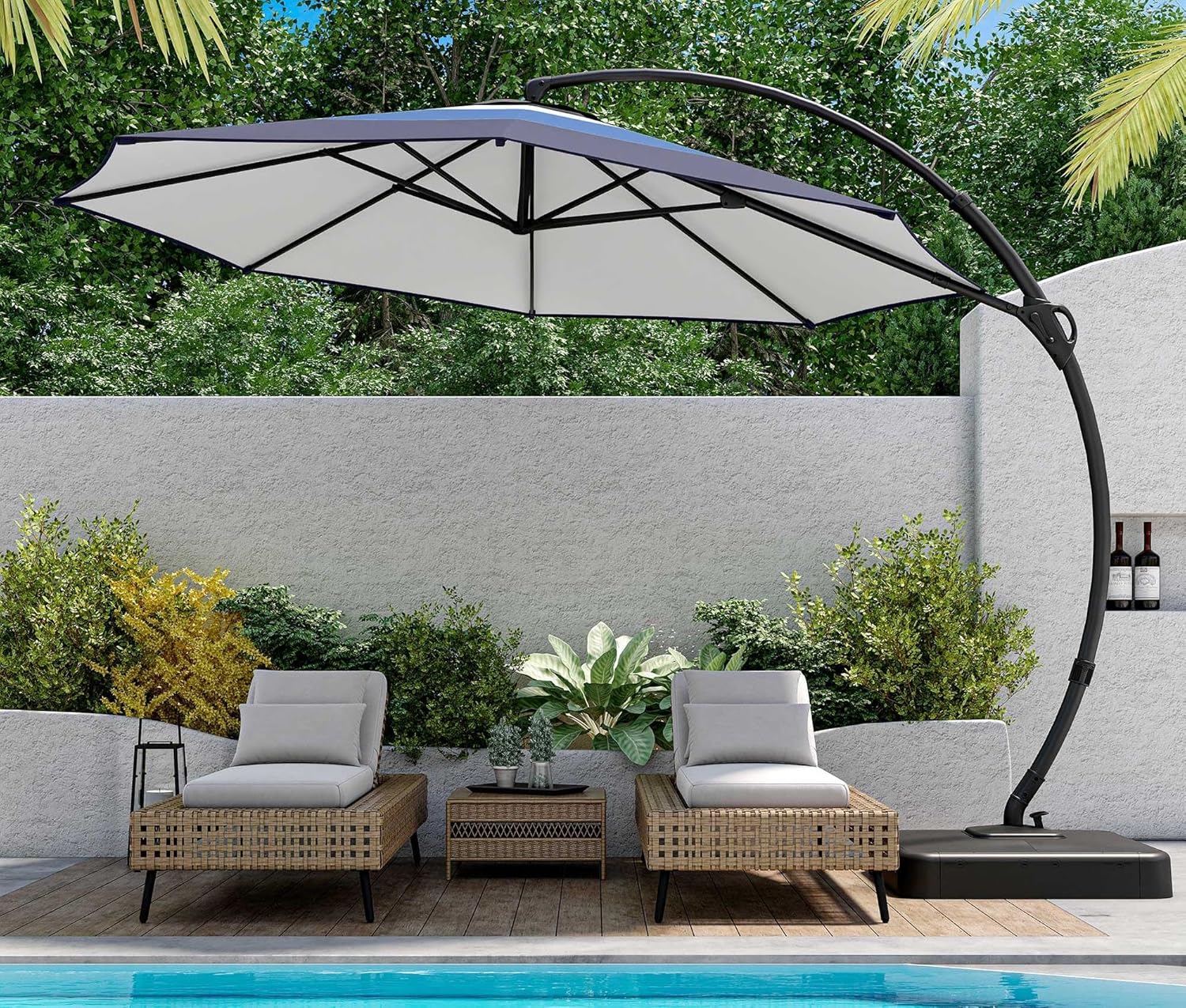 LAUSAINT HOME Outdoor Patio Umbrella with Base included, 11 FT Deluxe Curvy Cantilever Umbrella Heavy Duty Offset Hanging Umbrella with 360° Rotation for Market, Pool, Garden, Backyard, Deck (Beige) wourant
