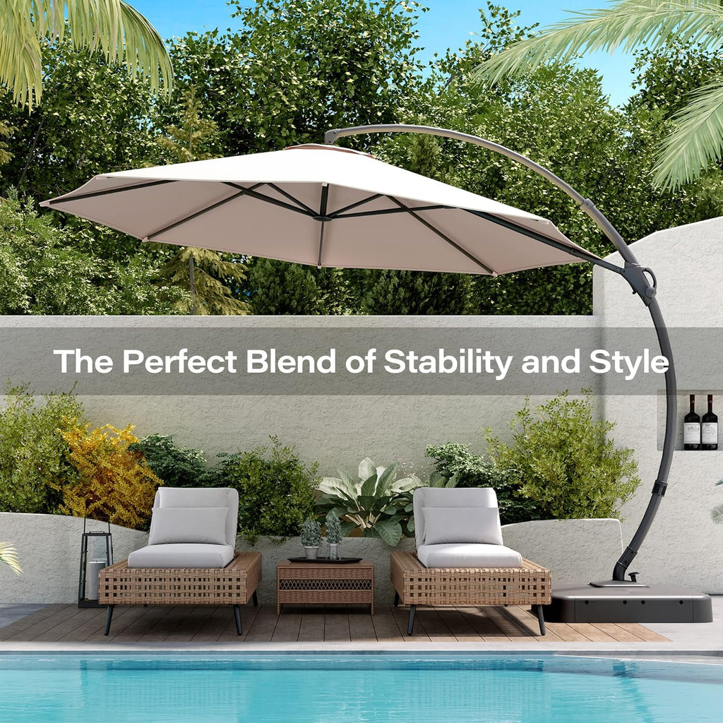 LAUSAINT HOME Outdoor Patio Umbrella with Base included, 11 FT Deluxe Curvy Cantilever Umbrella Heavy Duty Offset Hanging Umbrella with 360° Rotation for Market, Pool, Garden, Backyard, Deck (Beige) wourant