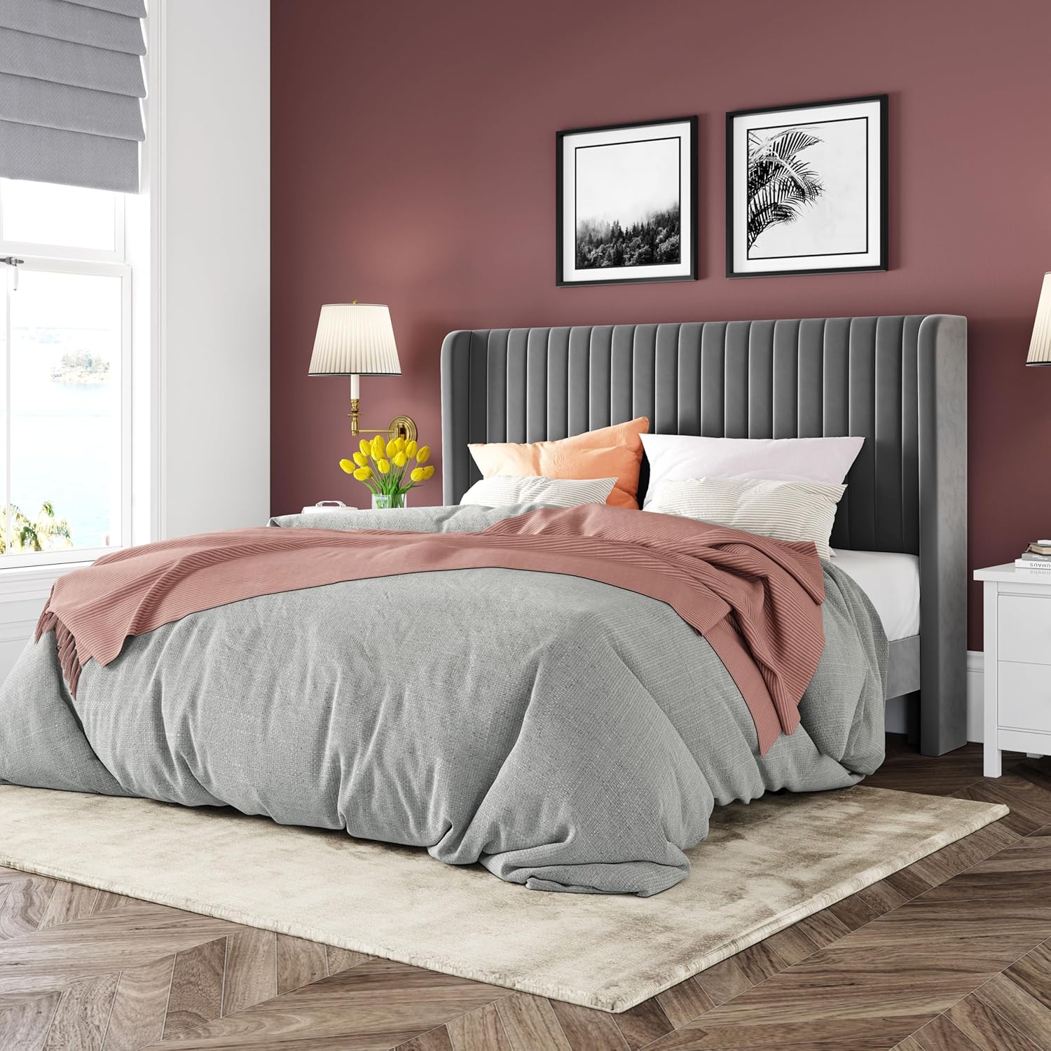 Allewie Full Size Velvet Bed Frame Vertical Channel Tufted Wingback Headboard Upholstered Bed wourant