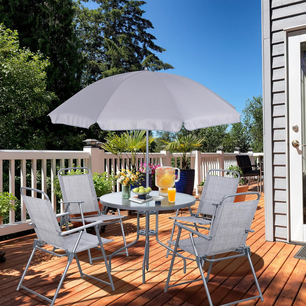 Vongrasig 6 Piece Folding Patio Dining Set,Small Metal Outdoor Garden Patio Table and Chair Set w/Umbrella for Lawn,Deck,Backyard,Black wourant