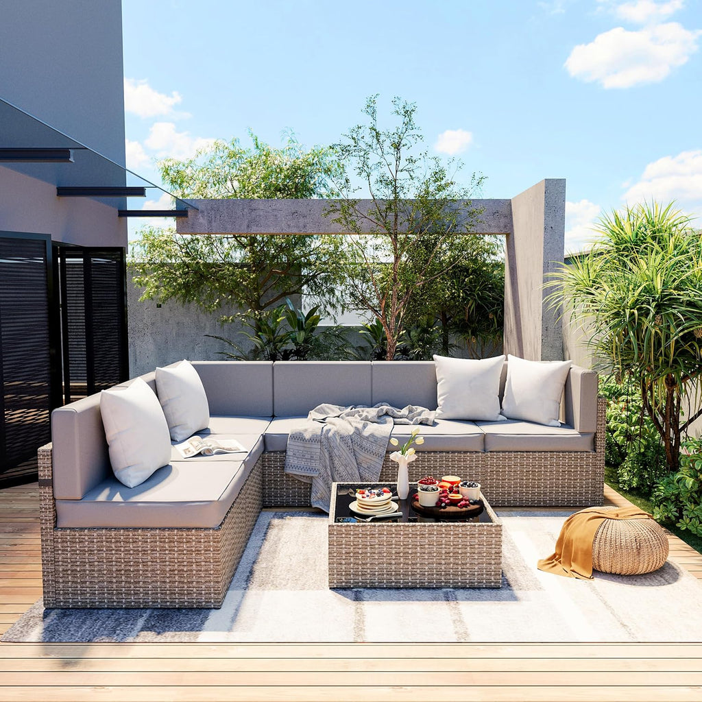 Pamapic 7-Piece Outdoor Sectional Furniture Set, All-Weather Wicker Patio Sofa with Washable Cushions, Gray Waterproof Rattan Conversation Set for Backyard, Poolside, Garden (Gray Cushions) woonhhop
