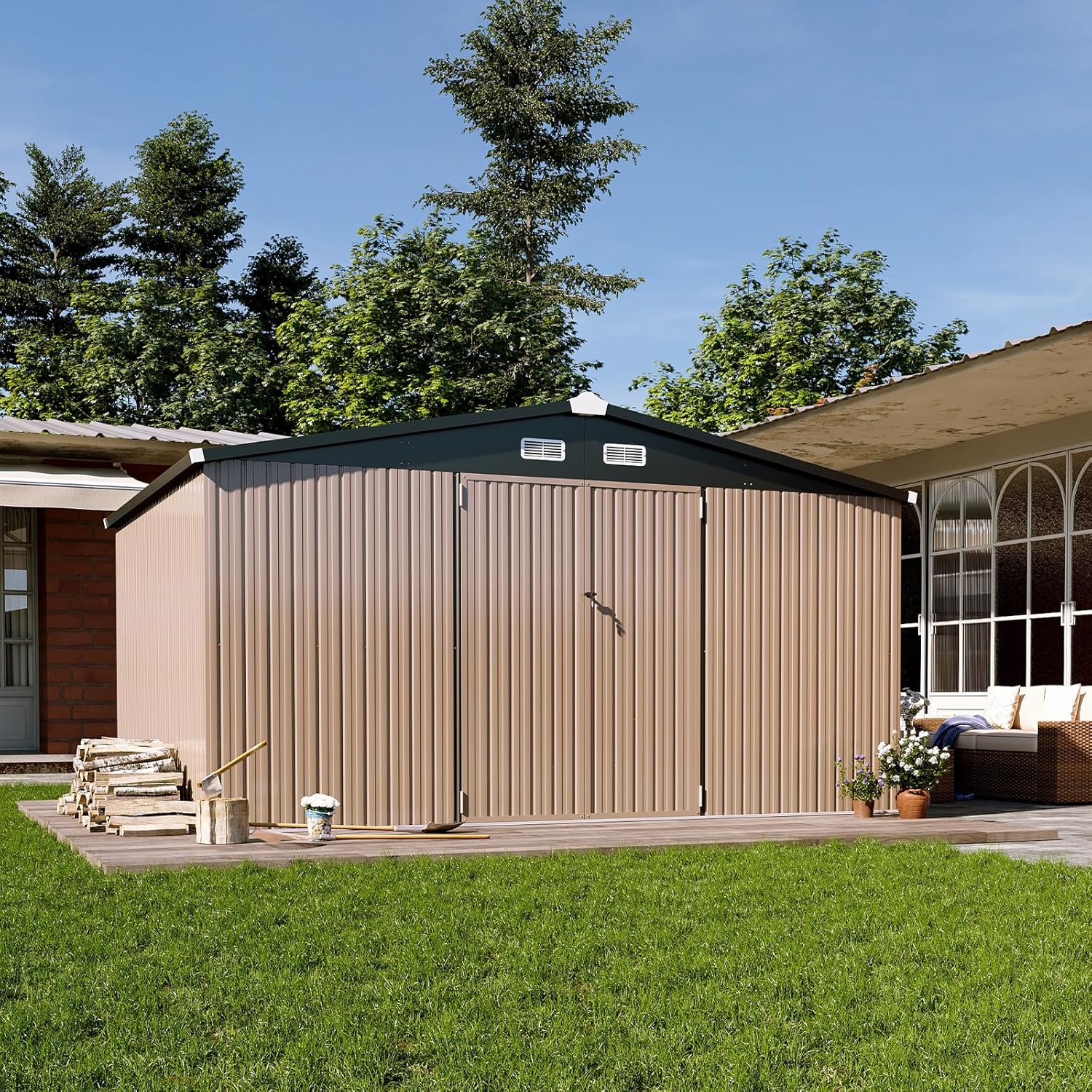 Aoxun 12x10 FT Shed Metal Outdoor Waterproof Storage Shed Steel Utility Garden Tool Shed with Door & Lock Outdoor Storage for Garden Patio Lawn Poolside, Brown wourant