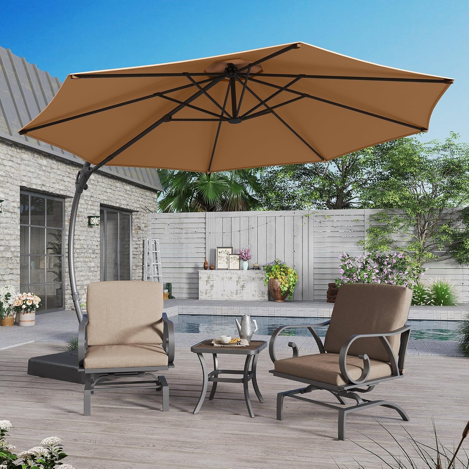 LAUSAINT HOME Outdoor Patio Umbrella with Base included, 11 FT Deluxe Curvy Cantilever Umbrella Heavy Duty Offset Hanging Umbrella with 360° Rotation for Market, Pool, Garden, Backyard, Deck (Beige) wourant