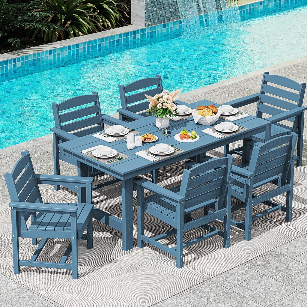 Outdoor HDPE Dining Table Set, 7-Piece Outdoor Dining Table Sets with Umbrella Hole Cut-Out Table and 6 Chairs wourant