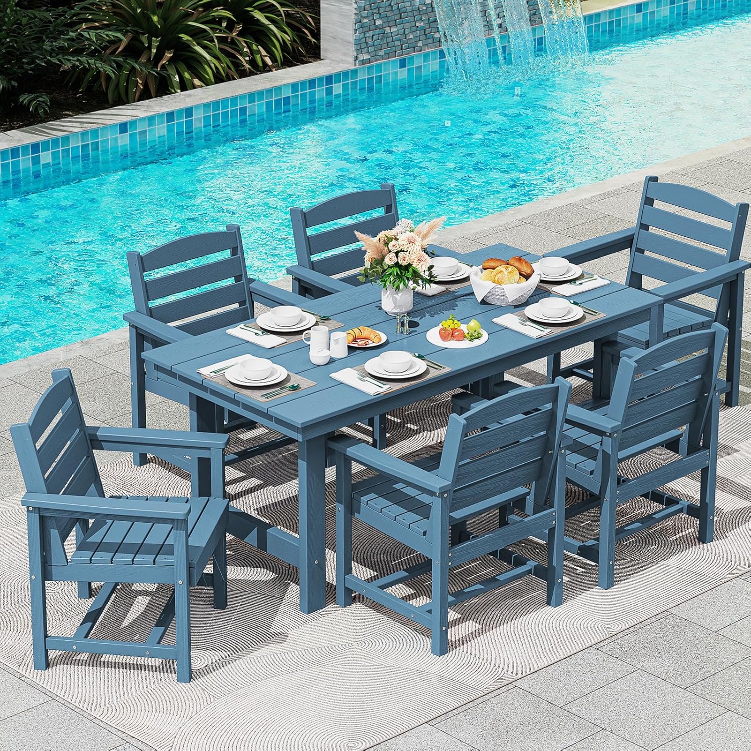 Outdoor HDPE Dining Table Set, 7-Piece Outdoor Dining Table Sets with Umbrella Hole Cut-Out Table and 6 Chairs wourant