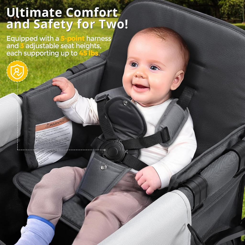 Stroller Wagon for Kids, Wagon Stroller Toddlers 2 Seaters, All-Terrain Baby Wagon Outdoor with Canopy, Parent Organizer, Adjustable Handle & Pull Bar for Infants and Toddlers, Gray wourant