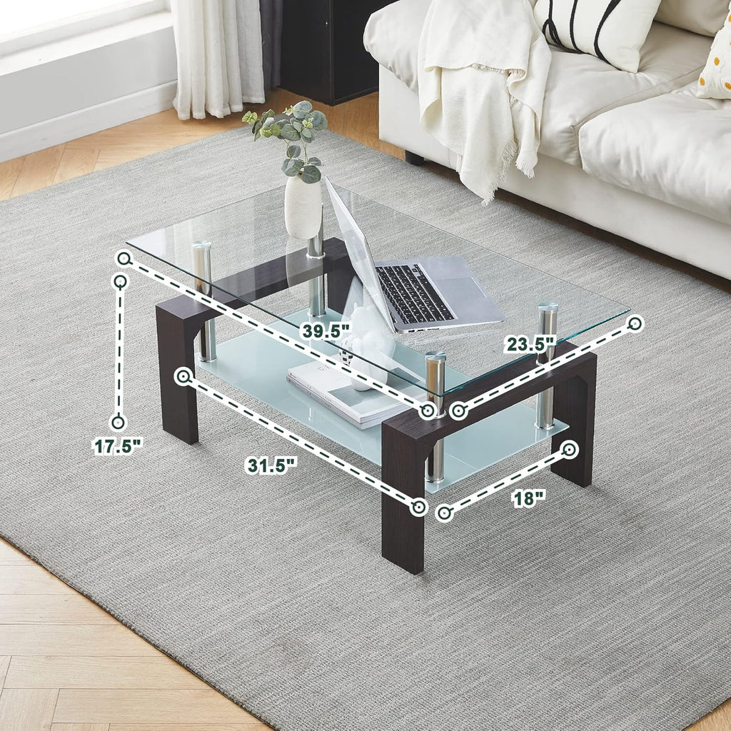Living Room Rectangle Coffee Table, Tea Table Suitable for Waiting Room, Modern Side Coffee Table with Wooden Leg, Glass Tabletop wourant