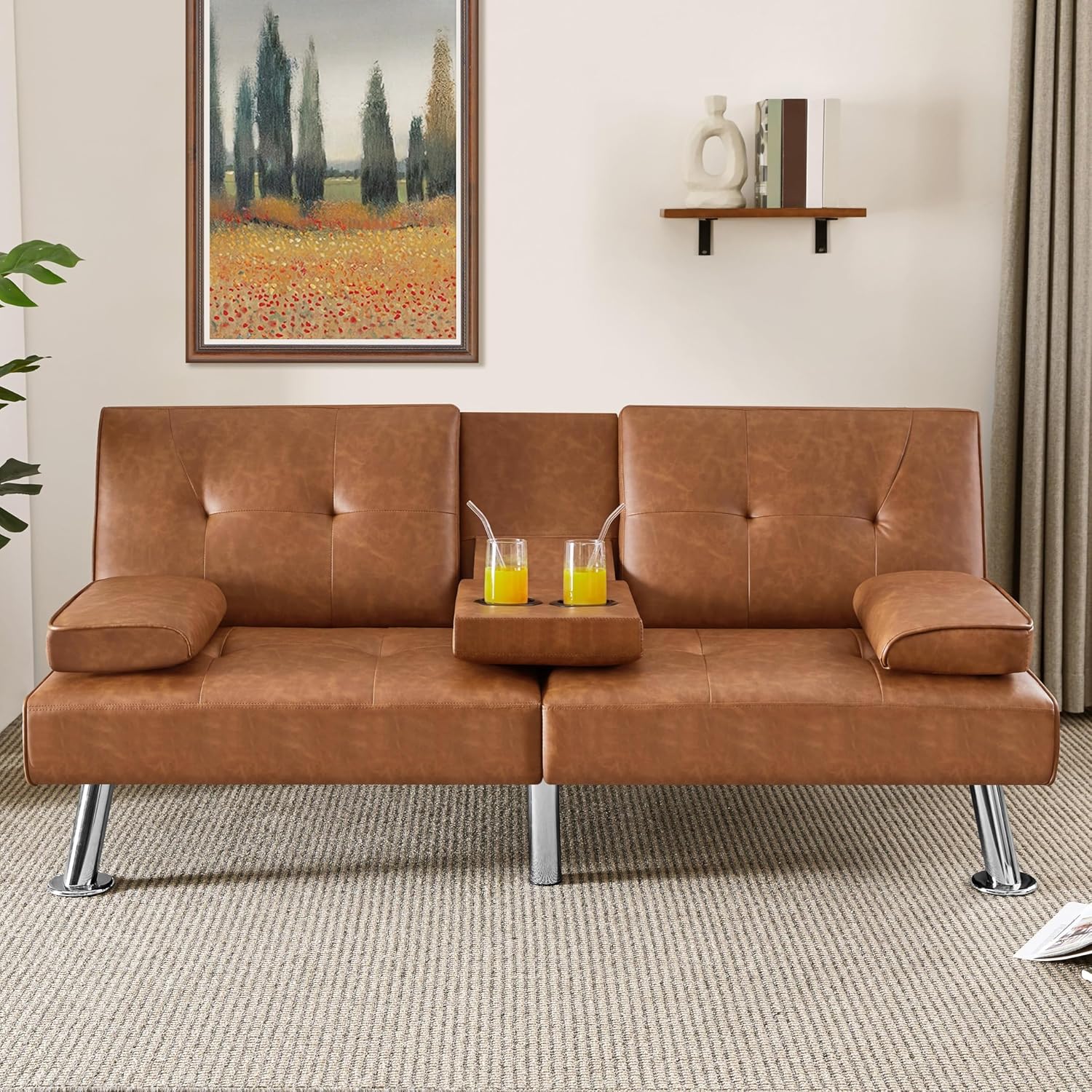 Yaheetech Convertible Sofa Bed Adjustable Couch Sleeper Modern Faux Leather Home Recliner Reversible Loveseat Folding Daybed Guest Bed, Removable Armrests, Cup Holders, 3 Angles, 772lb Capacity, Brown wourant