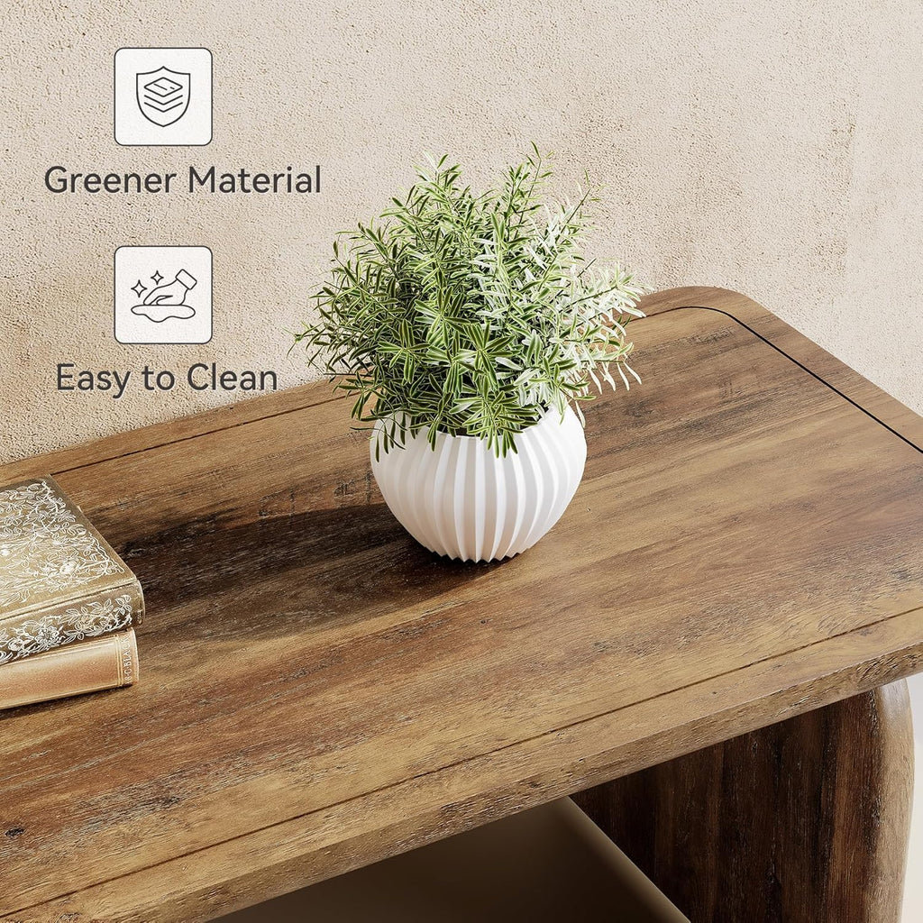 LITTLE TREE Farmhouse Coffee Table, 47 Inch Round Corner Wood Center Table, Rectangular Living Room Table, Modern Low Cocktail Tea Set wourant