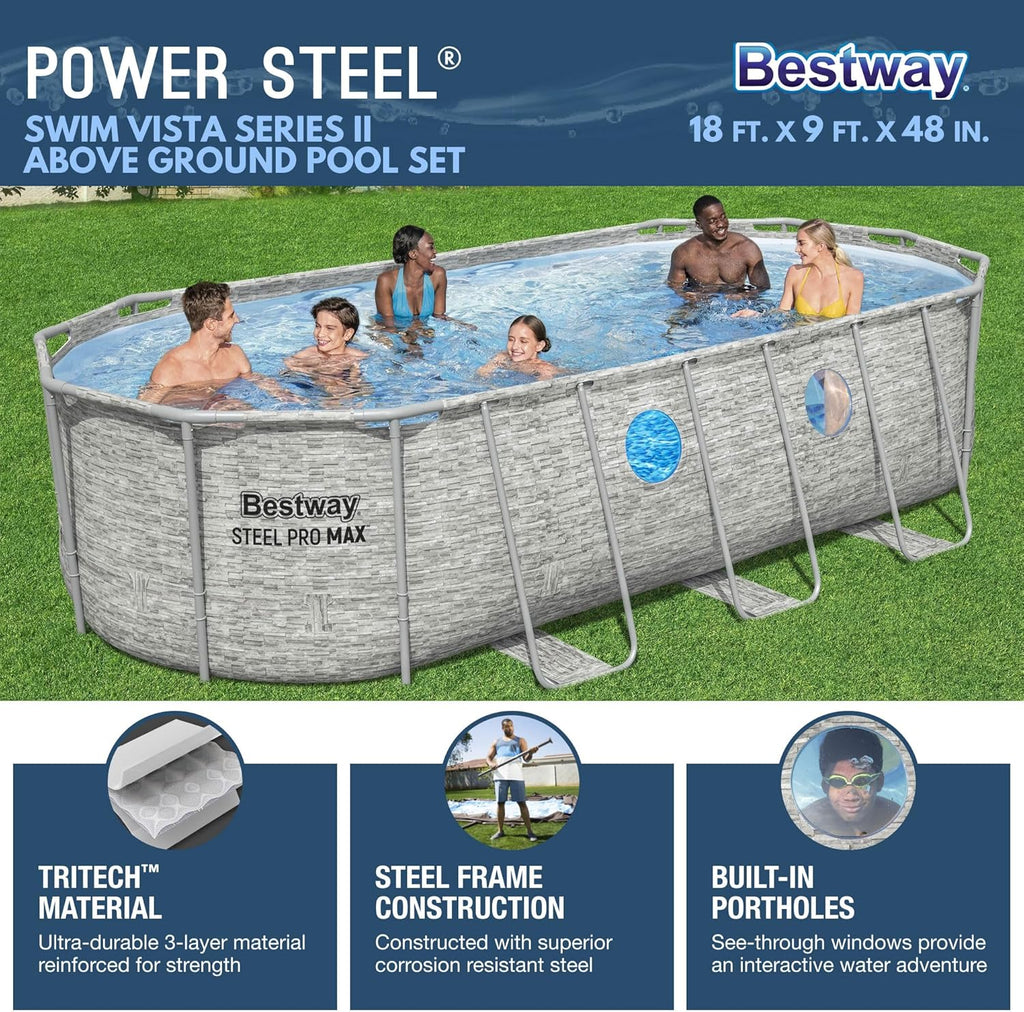 Power Steel Swim Vista Series II 14' x 8' 2" x 39.5" Above Ground Outdoor Swimming Pool Set with 530 GPH Filter Pump, Ladder, and Pool Cover wourant