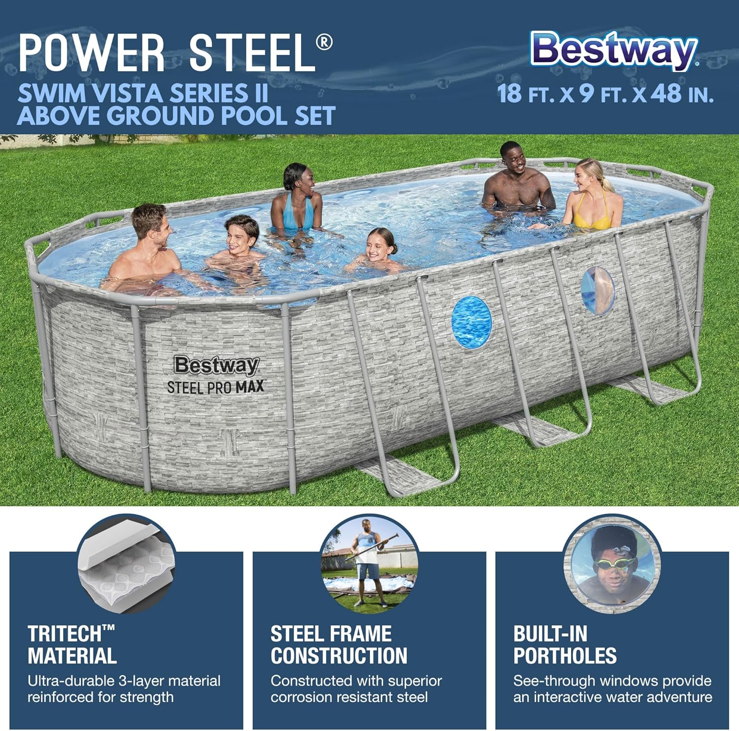 Power Steel Swim Vista Series II 14' x 8' 2" x 39.5" Above Ground Outdoor Swimming Pool Set with 530 GPH Filter Pump, Ladder, and Pool Cover wourant