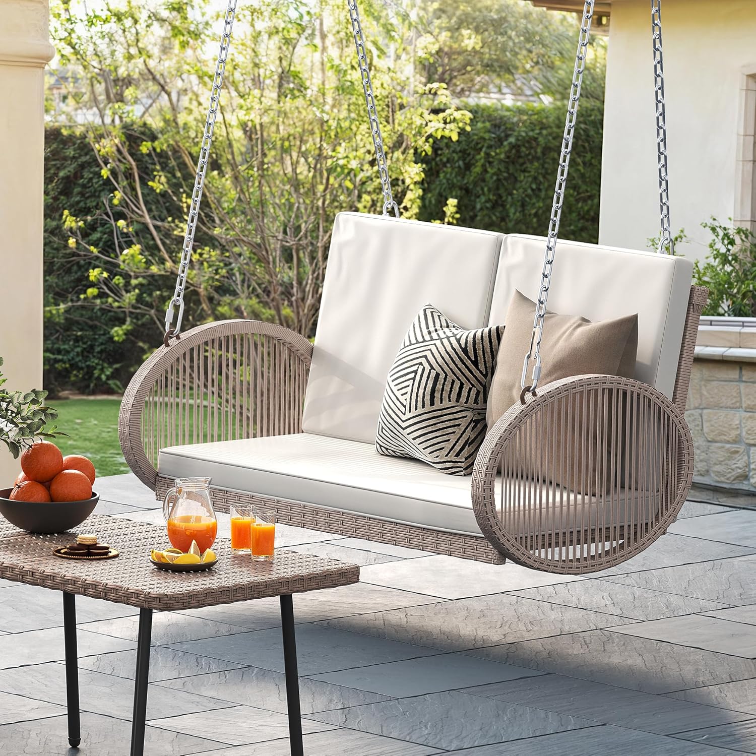YITAHOME Hanging Porch Swing Chair Sits 3 People, Wicker Outdoor Swing Bench, Patio Lounge Chair, 1 Seating Cushion and 3 Back Cushions, w/Removable Covers, for Garden, Balcony, Backyard, Brown wourant