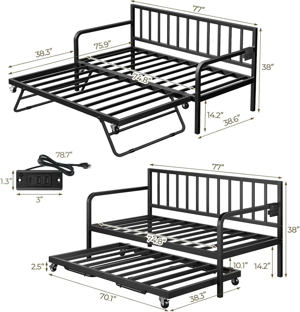 Rolanstar Daybed with Charging Station and LED Lights Height Adjustable Twin Daybed wourant