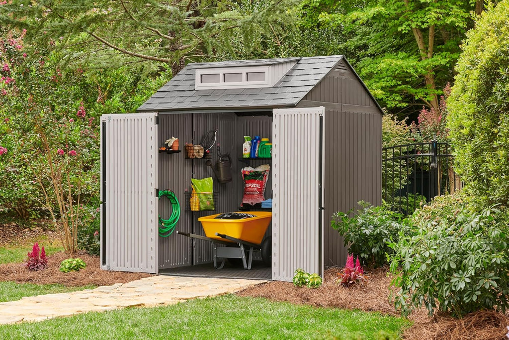 Rubbermaid Resin Outdoor Storage Shed With Floor (7 x 7 Ft) Weather Resistant Gray Organization for Home/Backyard/Garden Tools/Lawn Mower/Bike Storage/Pool Supplies wourant