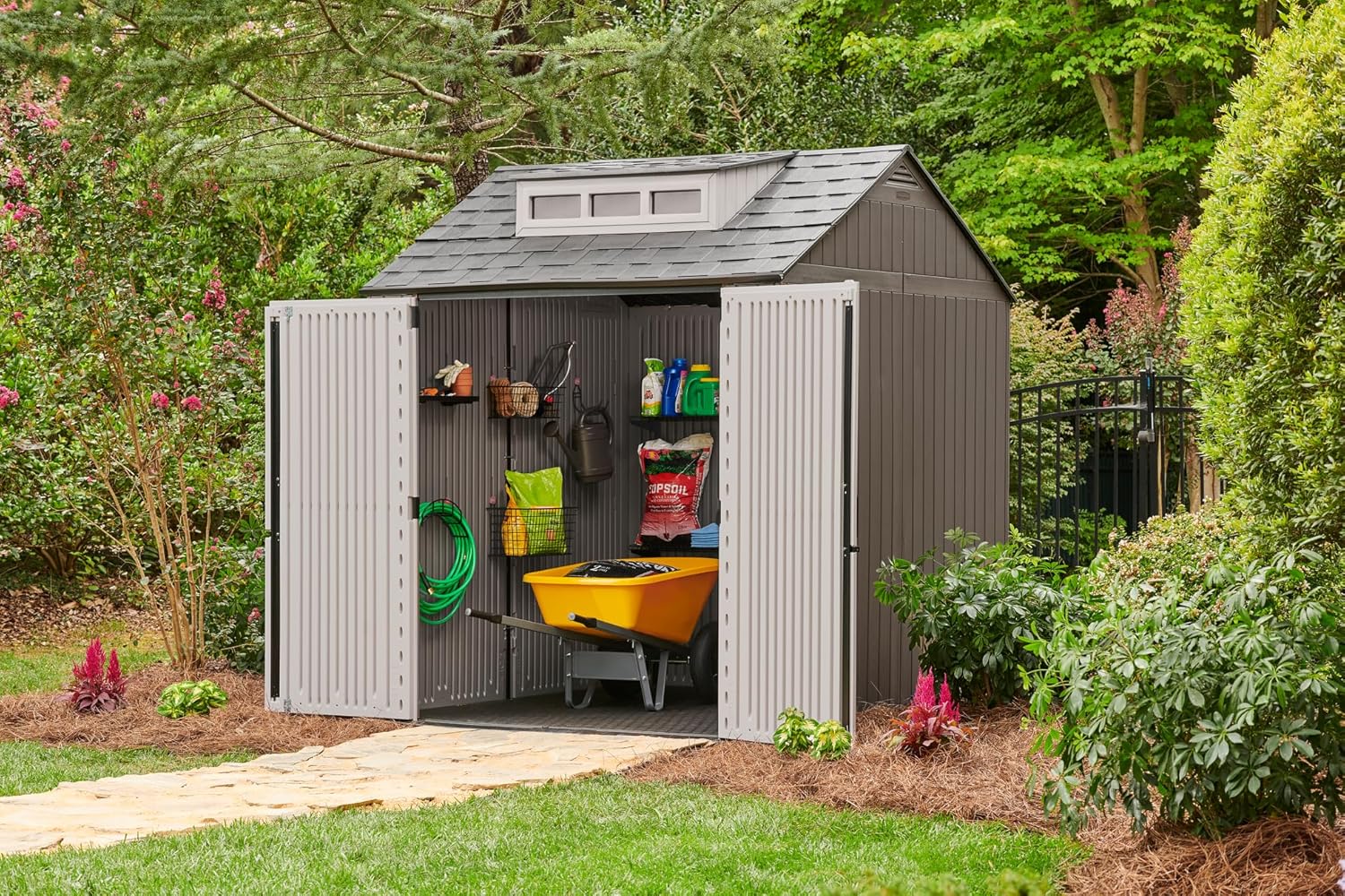 Rubbermaid Resin Outdoor Storage Shed With Floor (7 x 7 Ft) Weather Resistant Gray Organization for Home/Backyard/Garden Tools/Lawn Mower/Bike Storage/Pool Supplies wourant