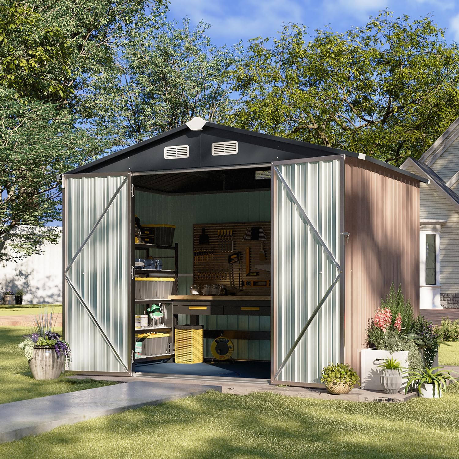 Aoxun 6.2x4 FT Shed Outdoor Storage Shed Metal Garden Shed Slooping Roof Tool Shed Bike Shed wourant