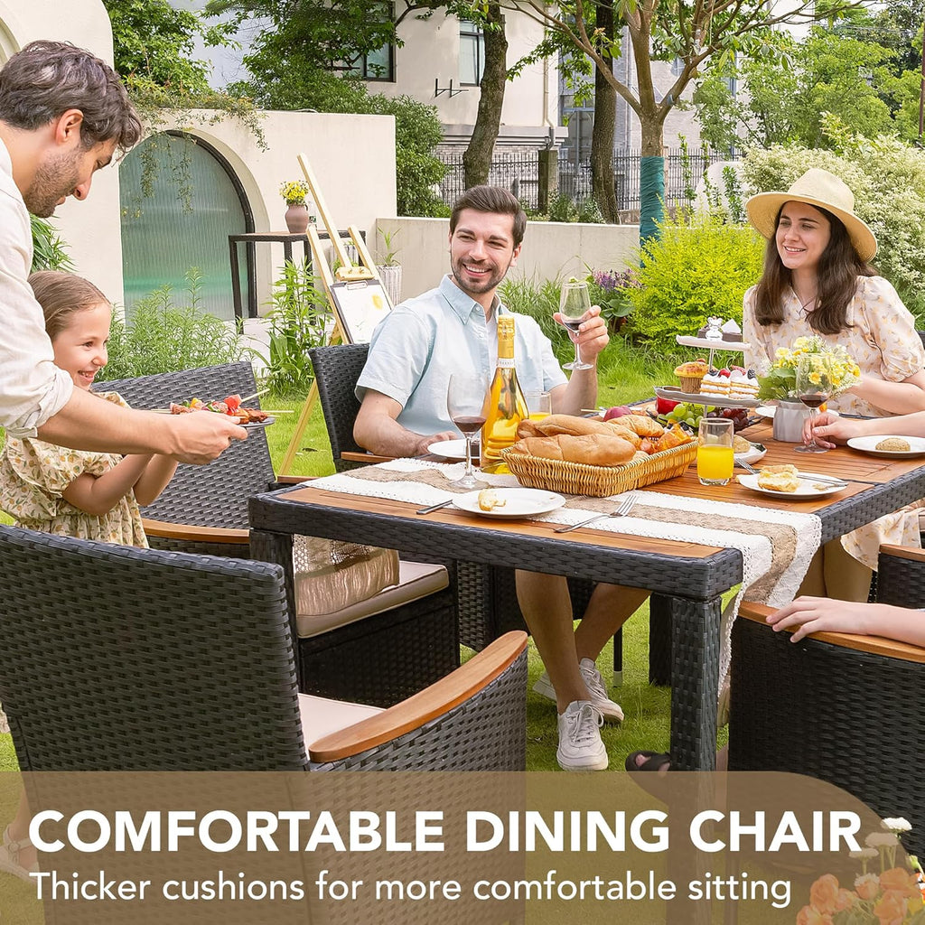Devoko Dining 7 PCS Furniture, Patio Conversation Set with Acacia Wood Table Top, Rattan Outdoor, Black wourant
