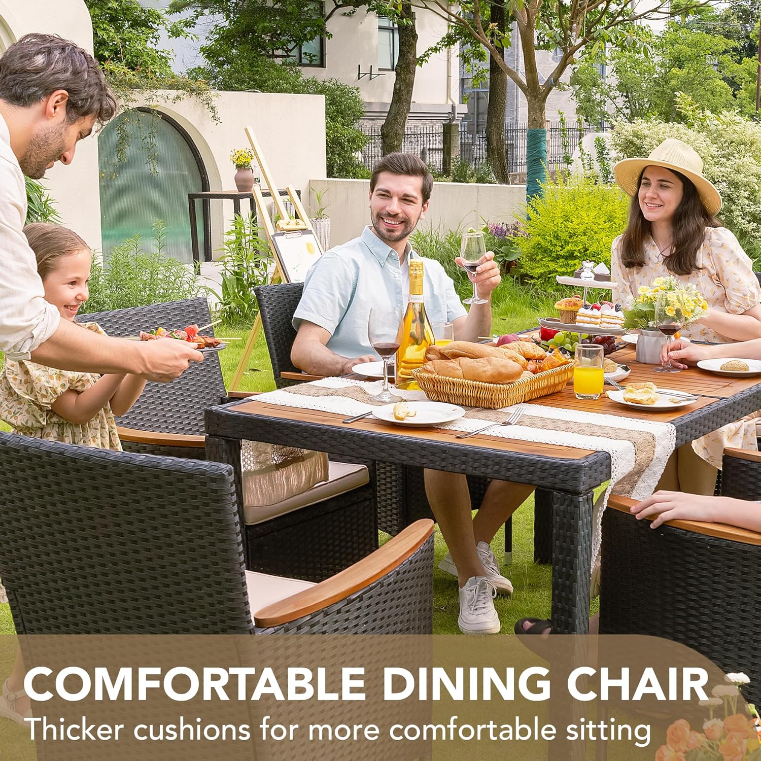 Devoko Dining 7 PCS Furniture, Patio Conversation Set with Acacia Wood Table Top, Rattan Outdoor, Black wourant