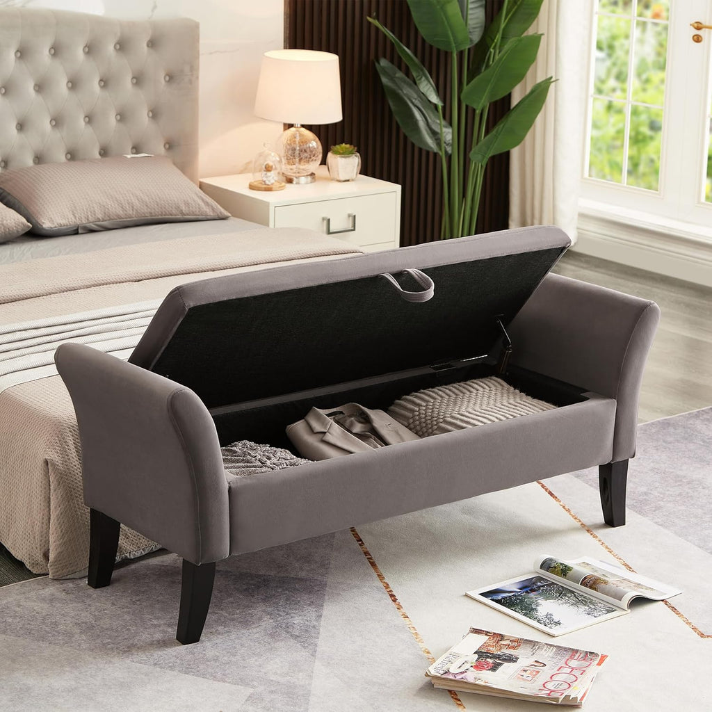 Furniliving Modern Storage Ottoman Bench, Sherpa Ottoman End of Bed Bench with Solid Wood Legs Upholstered Ottoman Benches with Storage Indoor Bench wourant