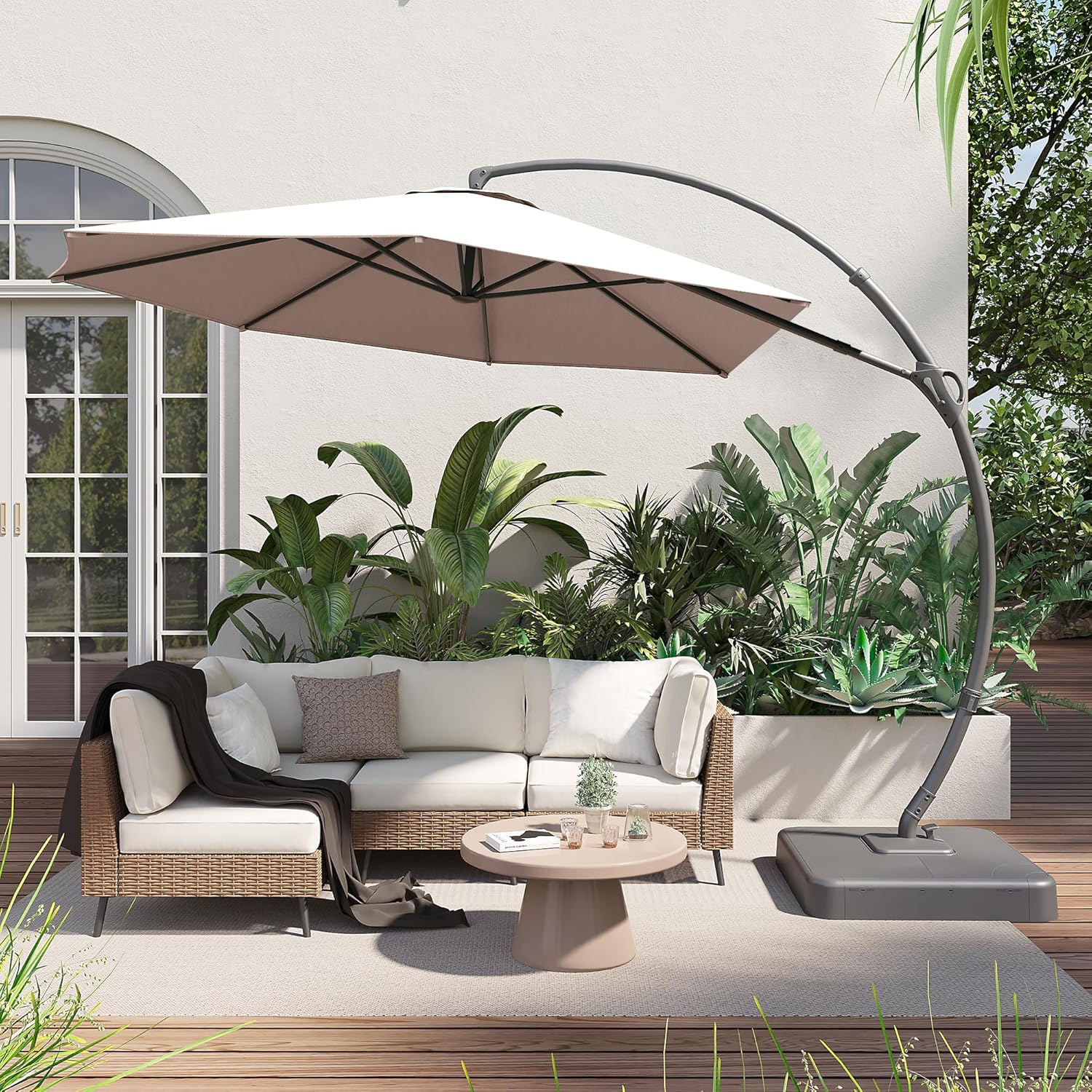 LAUSAINT HOME Outdoor Patio Umbrella with Base included, 11 FT Deluxe Curvy Cantilever Umbrella Heavy Duty Offset Hanging Umbrella with 360° Rotation for Market, Pool, Garden, Backyard, Deck (Beige) wourant