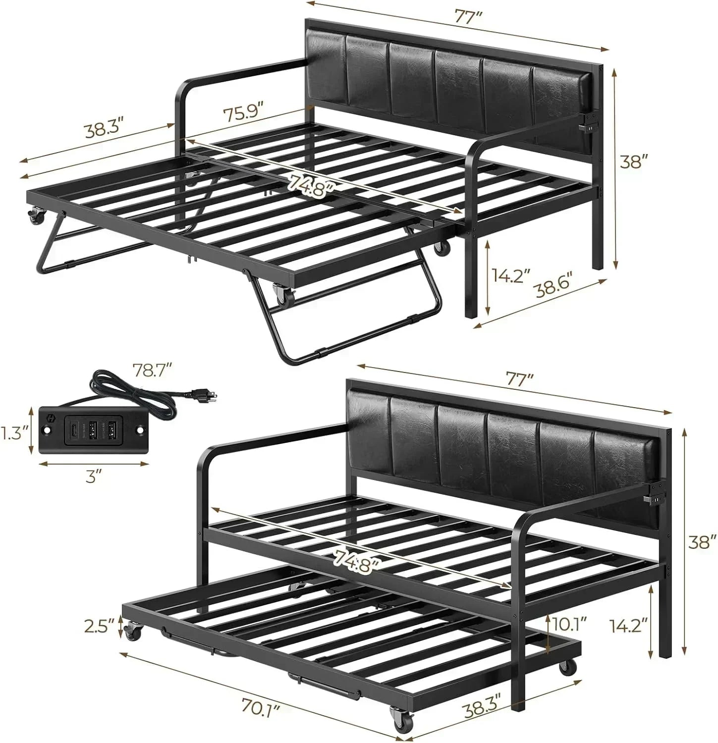 Rolanstar Daybed with Charging Station and LED Lights Height Adjustable Twin Daybed wourant