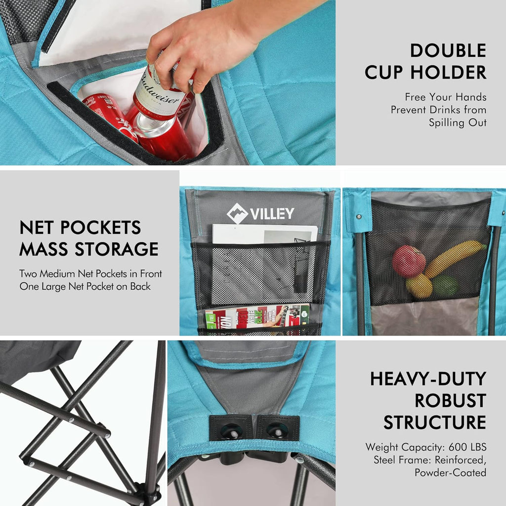 Double camping chair (with cooler bag), extra wide love seat, heavy duty padded camping sofa, portable folding chair wourant