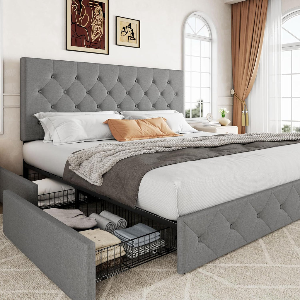 Allewie Upholstered Queen Size Platform Bed Frame with 4 Storage Drawers and Headboard wourant
