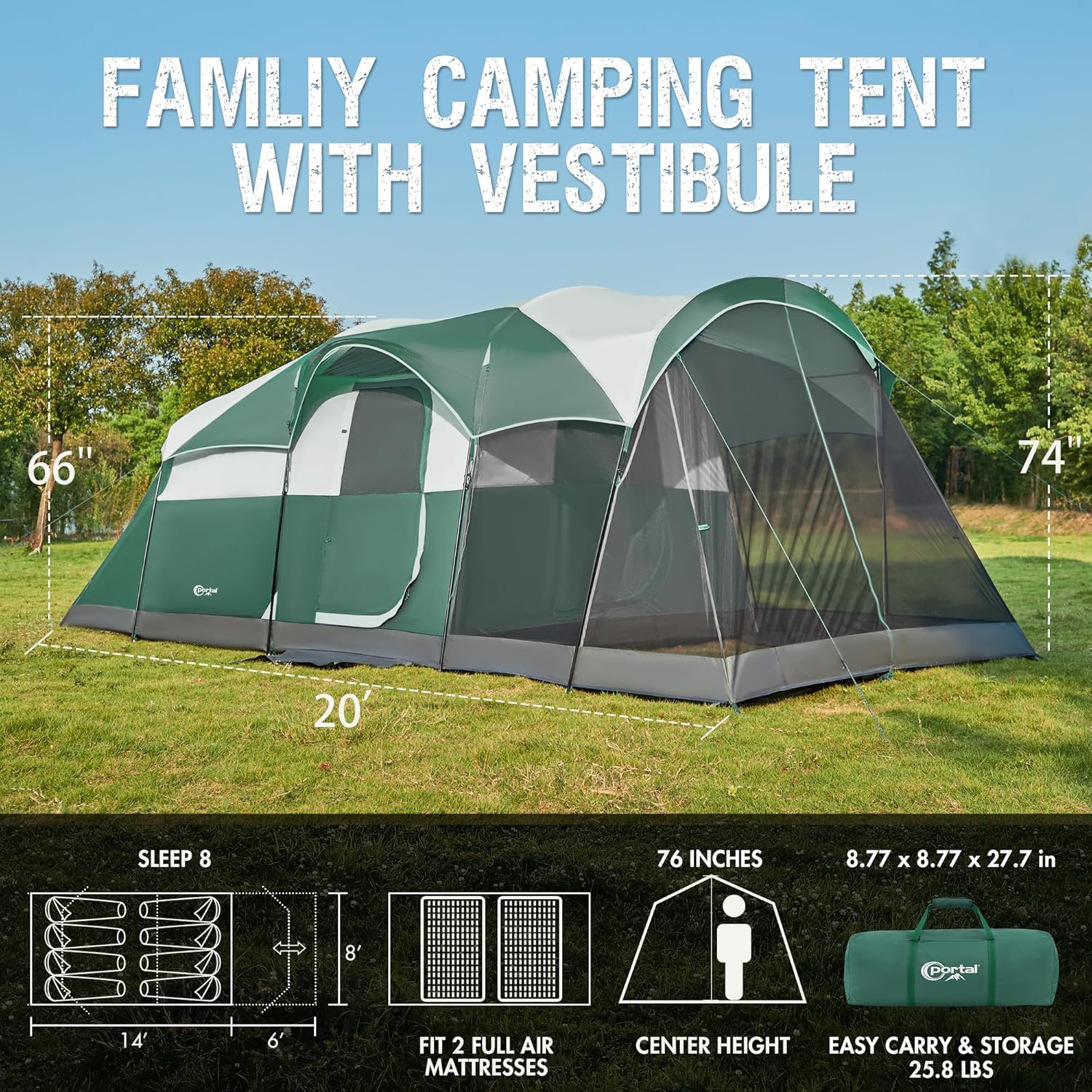 PORTAL 6/8/10 Person Family Camping Tent with Screen Room, Water Resistant Big Tunnel Tent with Rainfly, Large Family Tent for Outdoor Camping, Party wourant