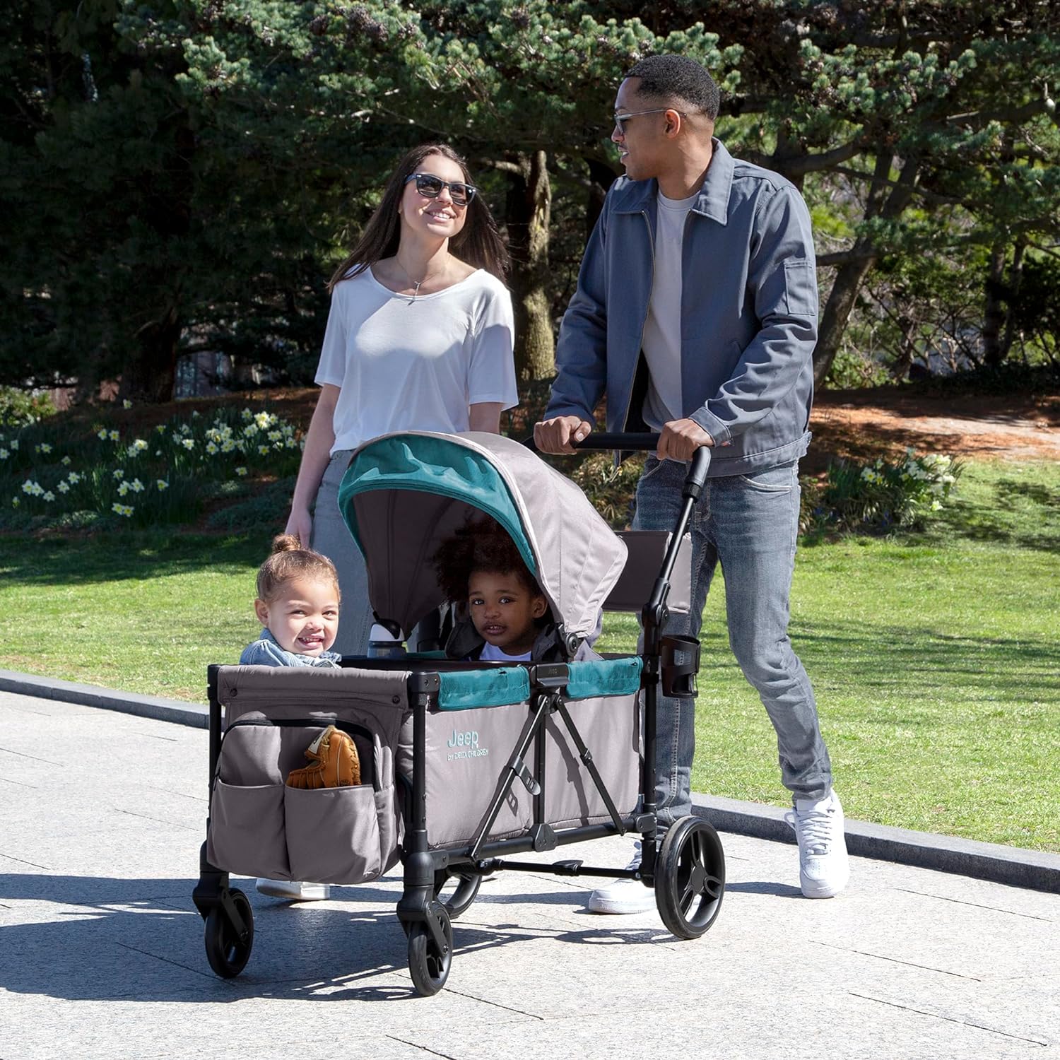 Jeep Sport All-Terrain Stroller Wagon by Delta Children - Includes Canopy, Parent Organizer, Adjustable Handlebar, Snack Tray & Cup Holders, Grey/Olive Green wourant
